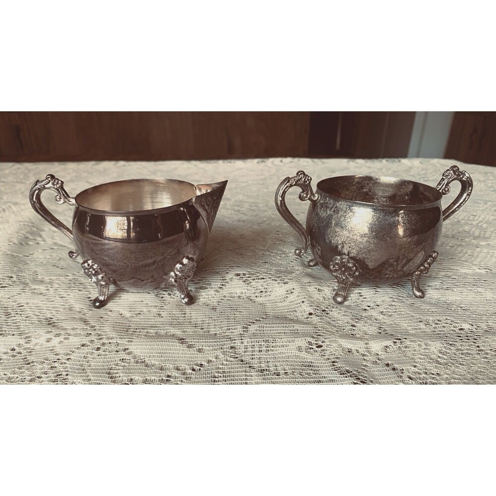 Leonard Silverplate Creamer & Sugar set Ornate Footed Flower Victorian style  3"